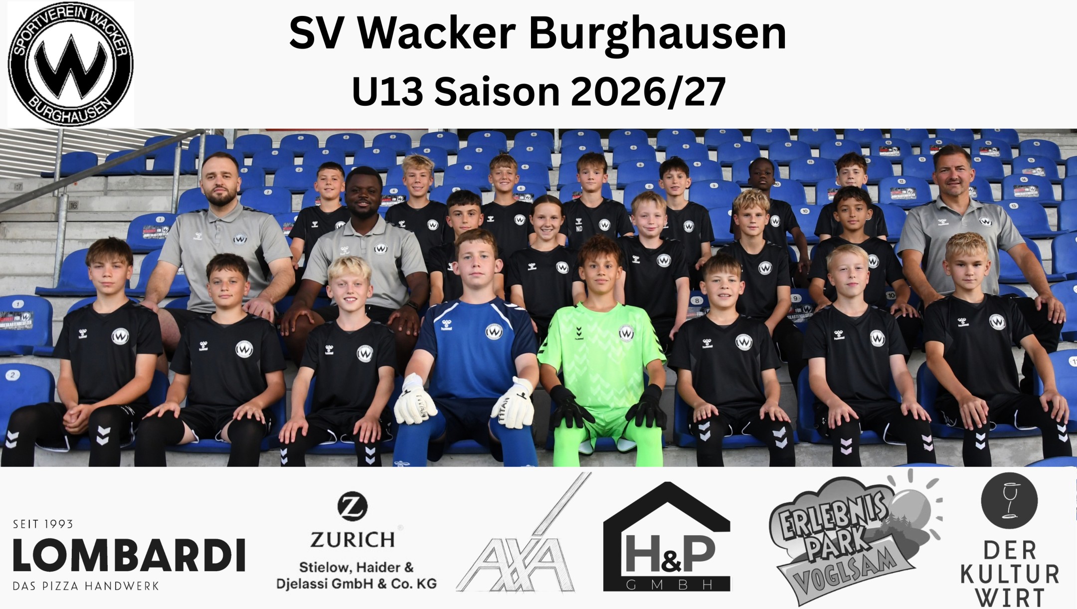 U13 Mannschaftsfoto mit Banner, Saison 2026/27