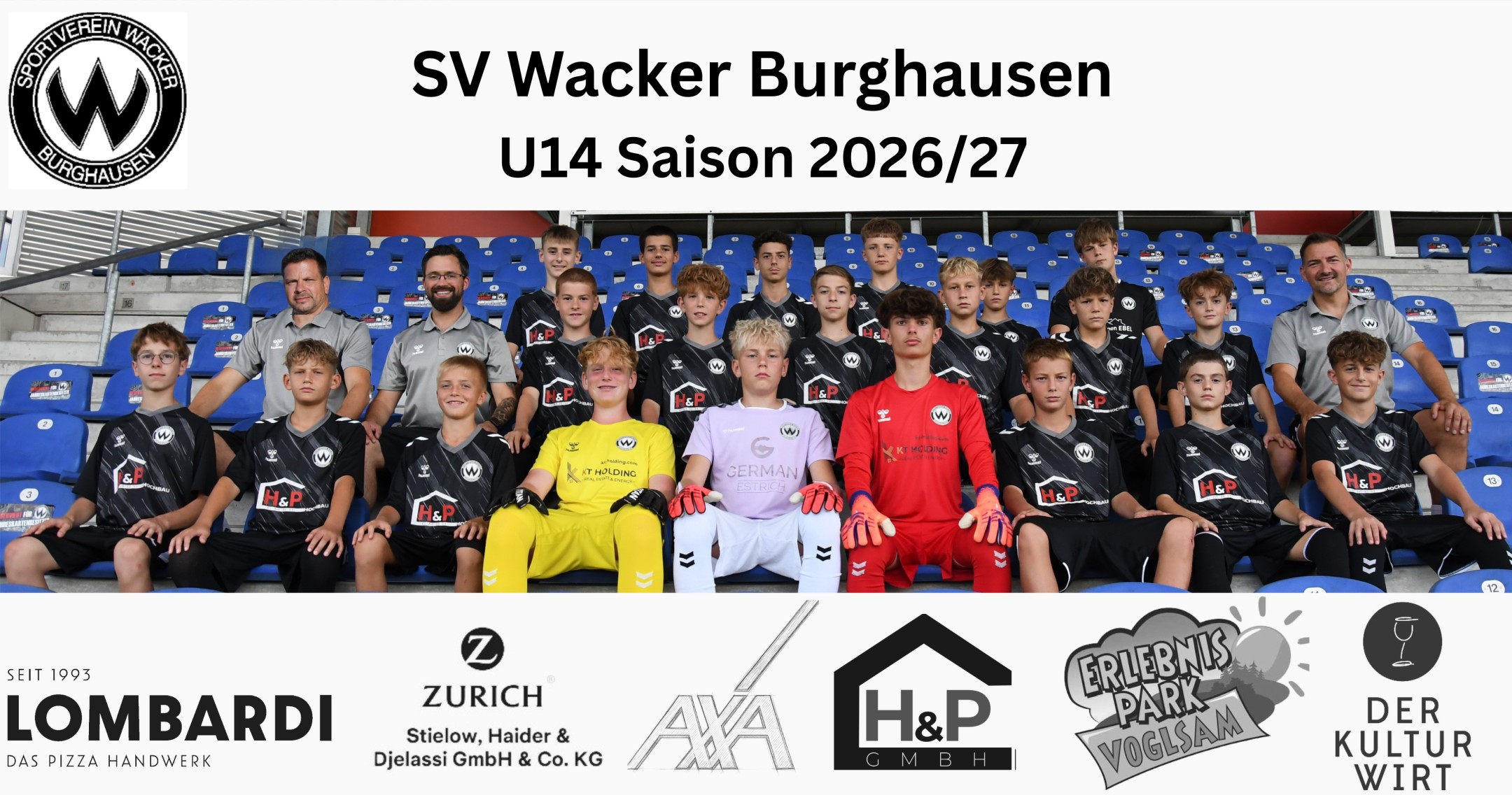 U14 Mannschaftsfoto mit Banner, Saison 2026/27